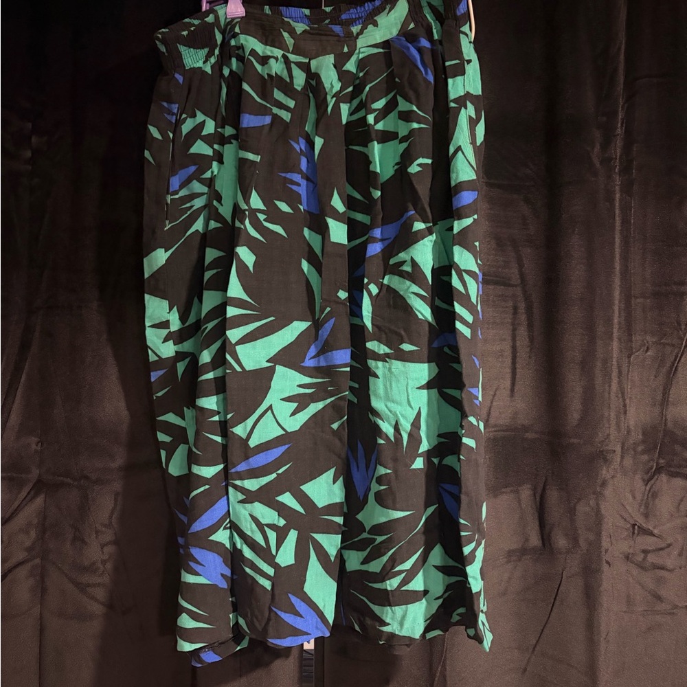 80s Vintage Midi Skirt Teal & Royal Blue Leaf Print